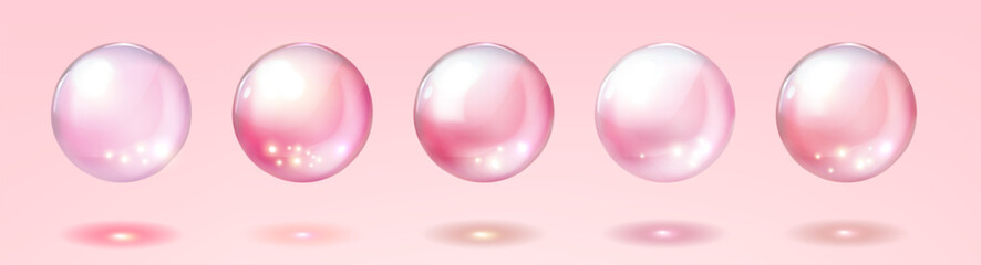Collagen realistic translucent pink spheres isolated on pink background. 3d anti aging moisture essence drops. Vitamin, rose water template vector illustration, realistic  