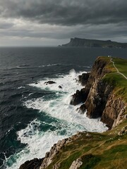 Waves crashing against rocks at Neist Point Peninsula, Scotland.