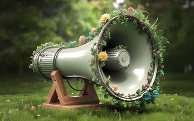 Eco-Friendly Megaphone with Plants  3D Illustration on Green Background
