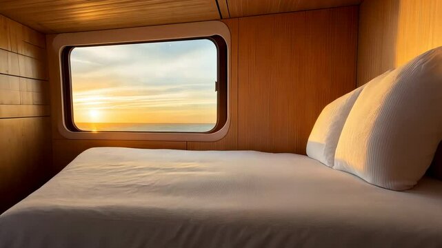 Cozy train compartment with bed at sunset, view of golden sky through window, comfortable sleeper cabin interior, scenic railway journey, travel accommodation with warm ambiance