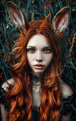 Beautiful red haired woman with rabbit ears