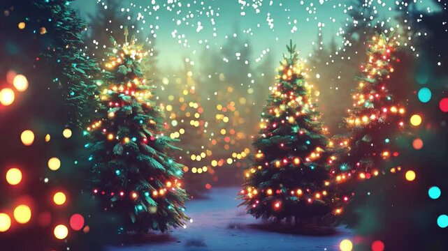 Twinkling holiday lights decorate evergreen trees in a snowy forest, creating a magical Christmas atmosphere during the evening