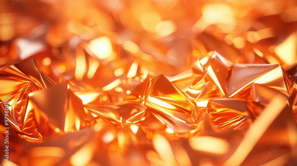 Poster A vibrant close-up of shimmering orange metallic foil, showcasing intricate folds and reflections that create a stunning visual texture.