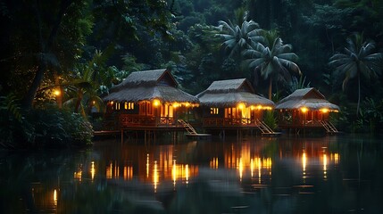 Fototapeta premium Beautiful jungle camp with aquatic lake at midnight evening descends on a fancy jungle vacation