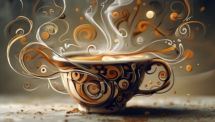 whimsical coffee cup doodle featuring swirling lines and ethereal steam in a captivating abstract composition