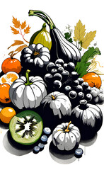 black and white fruits and vegetables