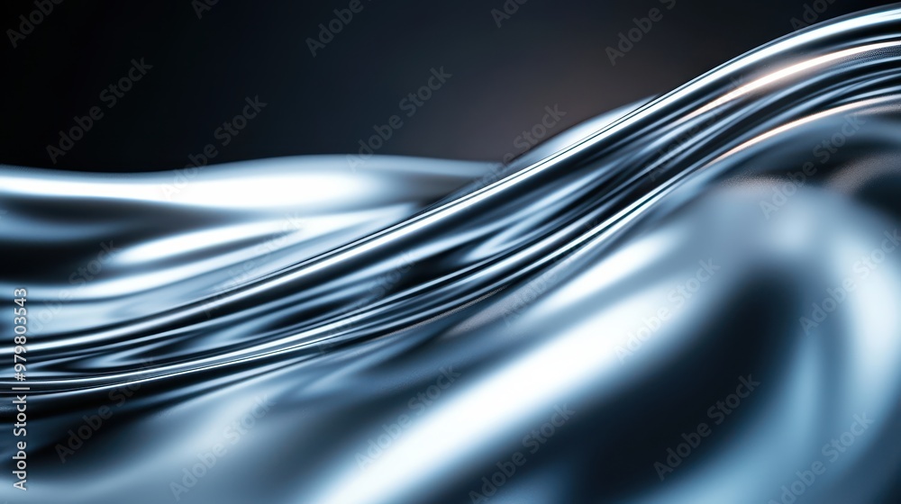 Aufkleber Abstract metallic wave texture flowing in a fluid motion, capturing light reflections and dynamic forms in a dark background.