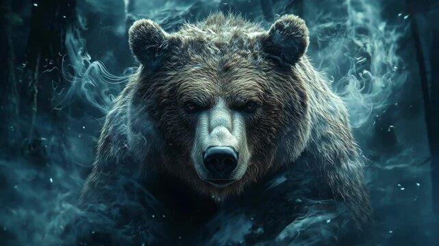 brown bear portrait, bear in smoke in forest, animal extinction