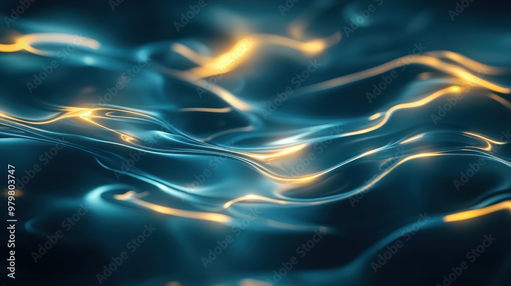 Fototapete An abstract composition of flowing water with luminous blue and gold reflections, creating a serene and dynamic visual effect.