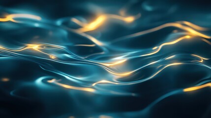 An abstract composition of flowing water with luminous blue and gold reflections, creating a serene and dynamic visual effect.