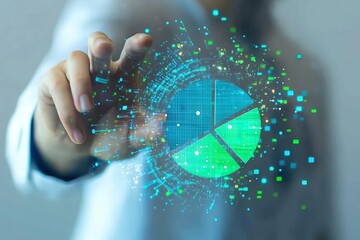 A business professional interacts with digital data visualizations, showcasing analytics and innovative technology in action.