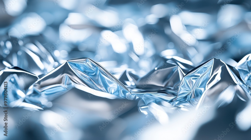 Poster Close-up view of crumpled metallic foil creating a shimmering texture, reflecting light beautifully for creative backgrounds.