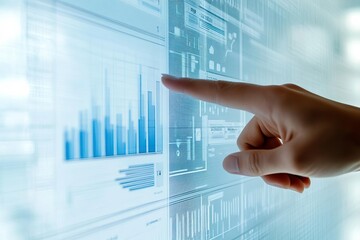 A close-up of a hand pointing at a digital data chart, symbolizing analytics and data-driven decision making in business.