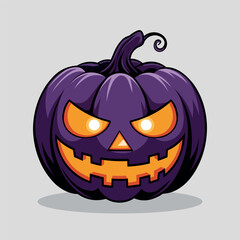 Purple Halloween Jack-O'-Lantern Pumpkin with Evil Grin and Glowing Eyes. Spooky, Scary Halloween Vector illustration