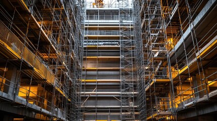 Fototapeta premium A detailed view of a large construction site featuring scaffolding and structural support, highlighting the engineering process.