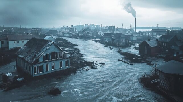 A dramatic aerial view of a flooded urban area, showcasing the devastation caused by rising water levels and storms.