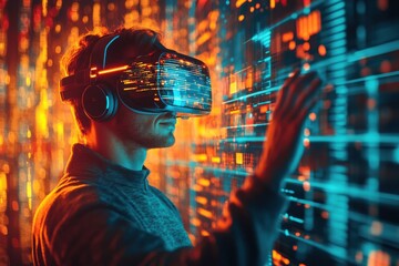 A man wearing a virtual reality headset is touching a screen