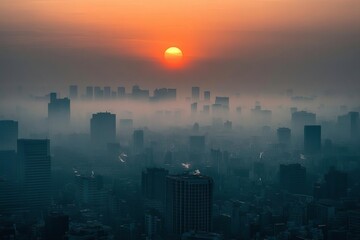 Fototapeta premium A hazy city skyline at sunset, with a warm orange glow illuminating the buildings amidst swirling fog.