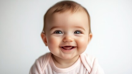 Naklejka premium A joyful baby with a cute smile and sparkling eyes, perfect for capturing innocence and happiness in photography.