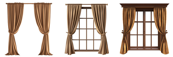 Set of A window with brown curtains, isolated on a transparent background.