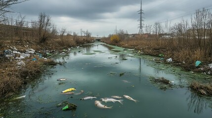 A polluted river with debris and dead fish, reflecting environmental issues and the need for conservation efforts.