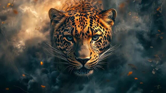 leopard in smoke and fire, animal extinction