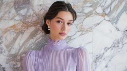 Fototapeta premium sophisticated woman wearing a lilac turtleneck dress and pearl earrings stands against a textured marble background.