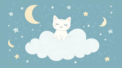 Naklejka premium Cute cartoon cat sleeping on a fluffy cloud amidst stars and crescent moons in a dreamy night sky, children's illustration.