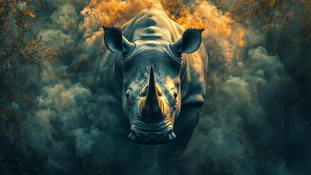 Rhinoceros in the smoke in the forest, animal extinction