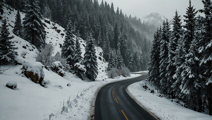 Winter view of a mountain road through a snowy forest.