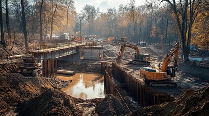 Obraz premium Construction site with heavy machinery and excavation work in a wooded area, showcasing industrial progress and nature's beauty.
