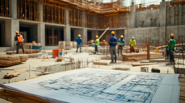 Construction site with workers and blueprints, showcasing teamwork in building development and architectural planning.