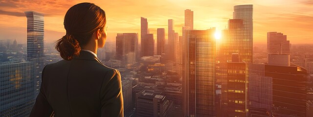 A businesswoman looks out over the city skyline at sunset, symbolizing her success and future possibilities in work