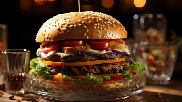 colorful, tasty meat burger with fire in background, fast food concept
