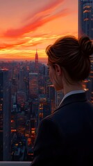 A businesswoman looks out over the city skyline at sunset, symbolizing her success and future possibilities in work