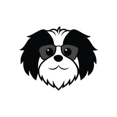 Obraz premium a black and white illustration of a dog's head. The dog appears to be a Shih Tzu, with long, shaggy fur covering its head and neck. Its eyes are large and round, and its nose is small and pointed