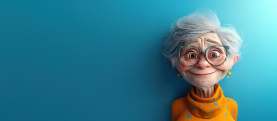 Happy smiling character, old senior mature woman, grandmother in warm knitted sweater, 3D style. Banner with copy space.