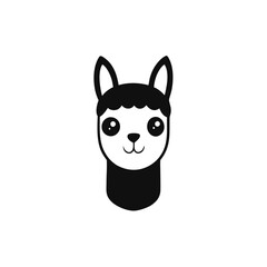 Obraz premium a black and white illustration of a llama's head. The llama has a round face with a small nose and a small mouth. Its eyes are large and round, and its ears are pointed upwards