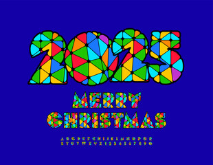 Vector decorative Greeting Card Merry Christmas 2025! Creative mosaic Font. Bright Alphabet Letters and Numbers set.