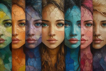 Obraz premium diverse women unite vibrant celebration of equality and empowerment colorful faces blend showcasing unity across ages cultures and beliefs dynamic composition with joyful energy