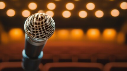 Obraz premium Elegant theater with a microphone on stage, bathed in golden light, evoking a sense of grandeur and anticipation
