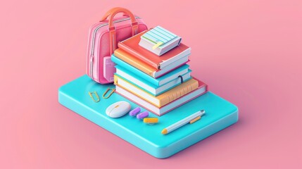Backpack, Books and School Supplies on Blue Platform