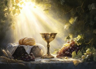 The light of the Holy Spirit shines on a bread and wine chalice, grapes, wheat, and a misty background, in a photorealistic style.