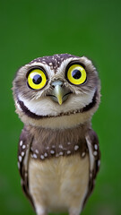 Naklejka premium a owl with yellow eyes against a isolated green background. 