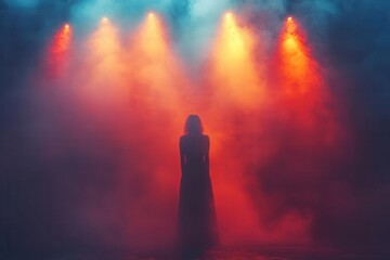 Fototapeta premium dramatic concert stage shrouded in hazy smoke pierced by vibrant colored spotlights silhouette of performer barely visible energetic atmosphere