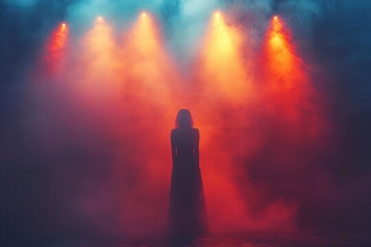 dramatic concert stage shrouded in hazy smoke pierced by vibrant colored spotlights silhouette of performer barely visible energetic atmosphere