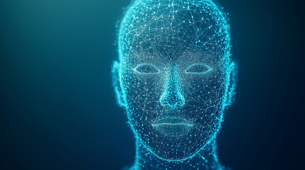 digital wireframe representation of a human face in profile, made up of interconnected points and lines, symbolizing technology, artificial intelligence, and the future of human interaction.
