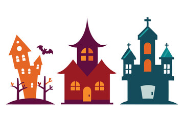 Halloween horizontal banner with a vector logo. The inscription with ominous tree branches, bats, and a pretty witch on the background of the full moon.