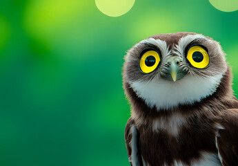 Fototapeta premium a owl with yellow eyes against a isolated green background. 