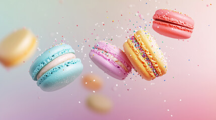 vibrant display of colorful macarons in pink, yellow, and blue, decorated with sprinkles, floating in mid-air against a pastel background.